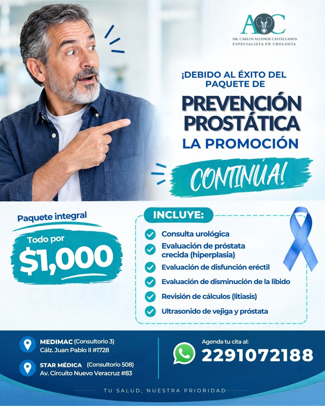 Paquete de Prevención Prostática por $1,000: consulta urológica, evaluación de próstata crecida (hiperplasia), disfunción eréctil, disminución de la líbido, revisión de cálculos y ultrasonido de vejiga y próstata